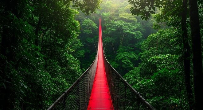 Fototapeta Red suspension bridge stretches through the lush green forest canopy