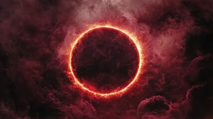 A dramatic celestial event rendered in vibrant reds and fiery hues, portraying a circular eclipse surrounded by clouds, Ideal for themes of science, mystery, or cosmic exploration,