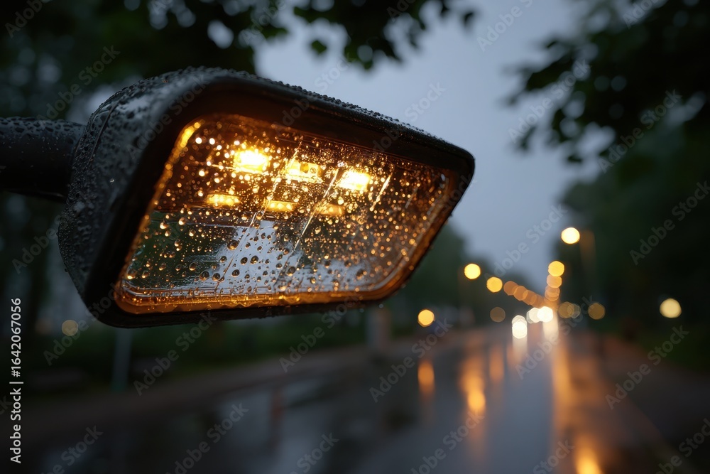 Poster a close-up of a street light illuminated with rain droplets on a wet, reflective road showing city l