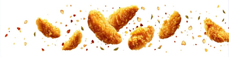 Crispy Fried Chicken Tenders Flying with Spices and Seasonings