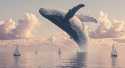 Oceanic Giant's Leap: A majestic whale breaches the ocean's surface, a symbol of freedom and power against a backdrop of sailing boats and a serene sky filled with fluffy clouds.