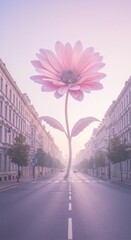 Urban Bloom: A surreal cityscape, where a giant flower blooms in the center of the road, bringing a touch of nature's elegance amidst the urban landscape. Capturing a dreamlike serenity.