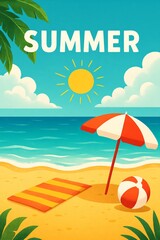 Summer beach scene with umbrella, ball, and sun on blue ocean  