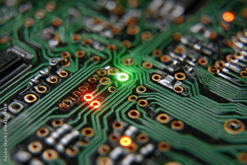 Aufkleber close up of a green computer circuit board featuring detailed pathways and electronic components, il