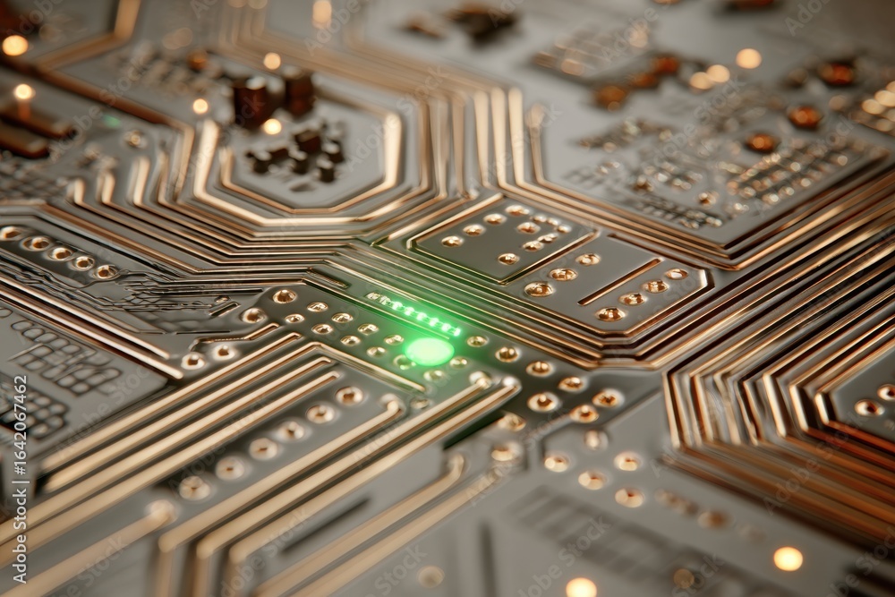 Poster a close-up view of a modern computer circuit board with intricate gold traces and a green led indica
