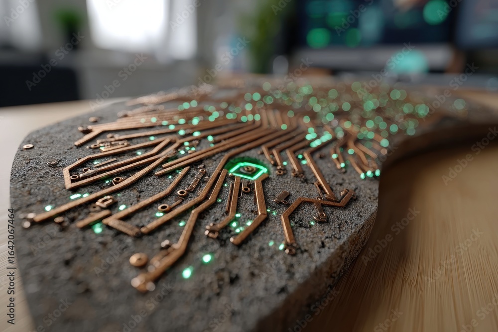 Aufkleber futuristic technology concept with glowing circuit board embedded in rough stone, displaying innovat