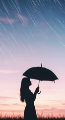 Serene Silhouette: A solitary silhouette of a woman holding an umbrella under the gentle cascade of a meteor shower, evokes a sense of wonder and quiet contemplation.