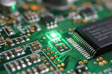 Obraz premium Close-up of a vibrant green circuit board with illuminated components and chips, highlighting the complex network and advanced technology integrated within.