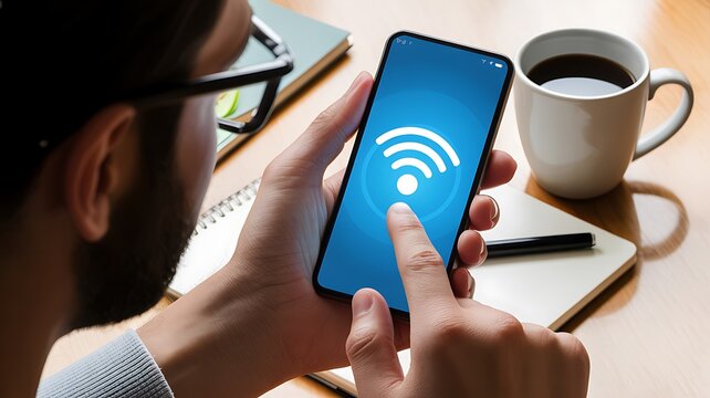 Person using smartphone to connect to wireless internet with wifi symbol displayed