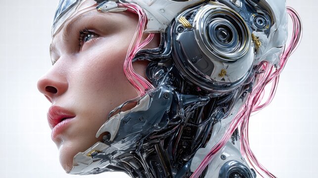 A detailed portrait of a cyborg woman with futuristic technology and a blend of human elements.