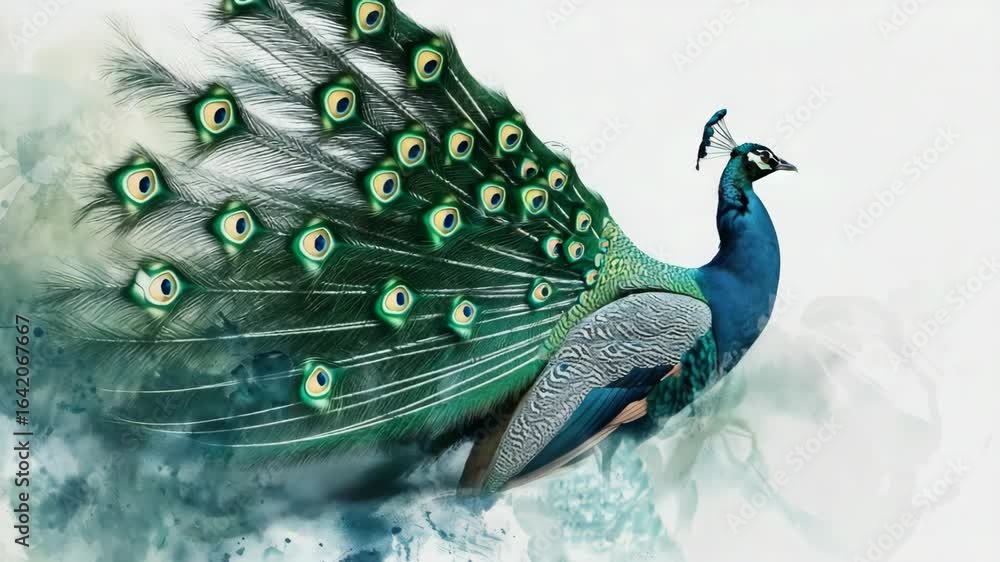 Poster peacock feathers on a background of watercolor splashes, creating an abstract floral pattern.
