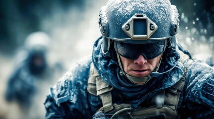 A determined soldier braves the winter storm in tactical gear and camouflage.