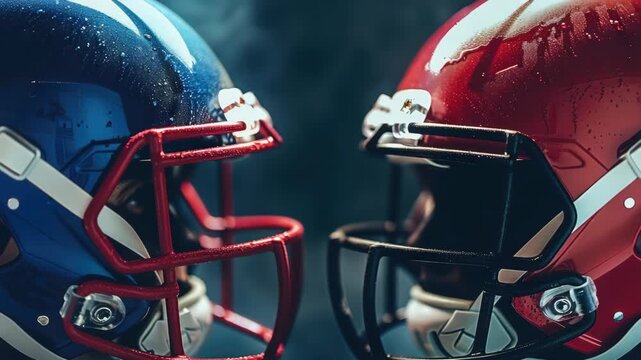 Helmets of two rival teams in close-up shot.