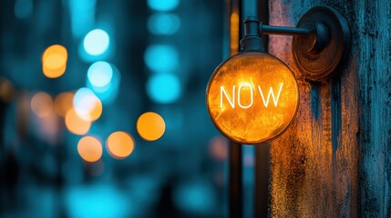 A glowing NOW neon sign hangs against a blurred urban backdrop, emitting warm light, This image evokes a sense of urgency and modernity, ideal for marketing campaigns, motivational materials