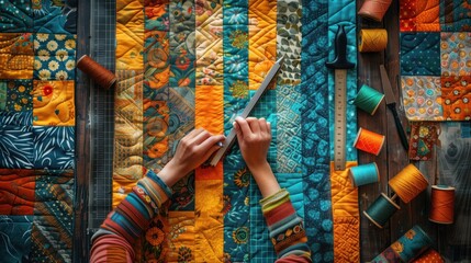 National Sewing Month. modern quilting workspace, hands of skilled seamstress working on colorful patchwork quilt, rotary cutter, quilting ruler, cutting mat