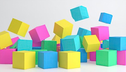 Obraz premium Colorful cubes of varying sizes are scattered and stacked on a white surface.