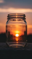 Sunset in a Jar: A unique capture of a vibrant sunset, perfectly preserved within a clear glass jar, set against a stunning gradient sky background.