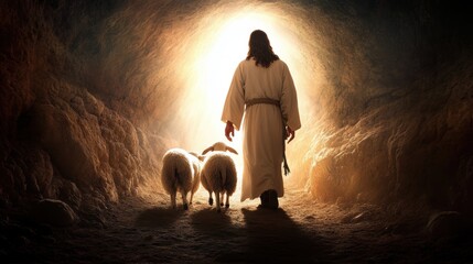 A figure walks towards a bright light in a cave, accompanied by two sheep, symbolizing guidance and hope, This image can be used for religious themes, spiritual content, or motivational messaging,