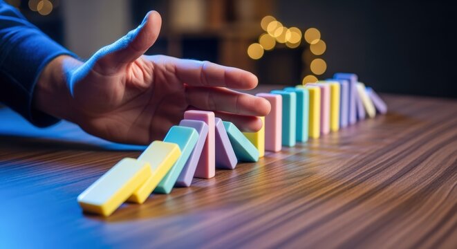Domino Effect: Hand Initiating a Chain Reaction with Colorful Wooden Blocks on a Wooden Table