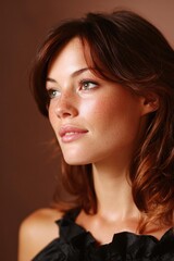 Naklejka premium Portrait of a Young Woman with Curly Brown Hair and Freckled Skin