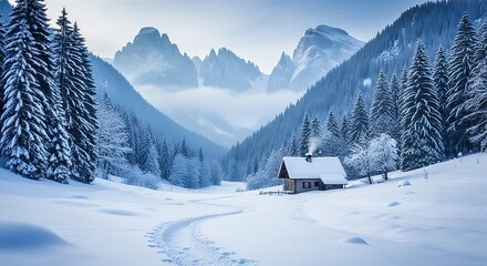 Fototapeta premium Winter landscape with snow covered cabin in the mountains and forest