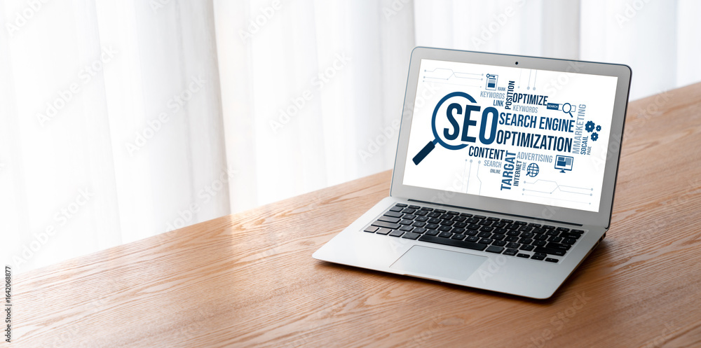 Poster seo search engine optimization for modish e-commerce and online retail business showing on computer 