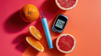 Blood sugar meter with insulin pen and fresh fruit