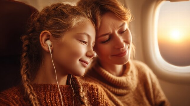 A mother and daughter enjoy a scenic airplane ride during sunset together.