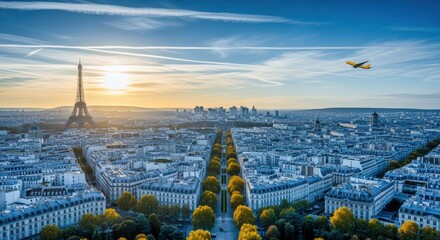 Paris Skyline at Sunset with Eiffel Tower and Airplane, France Urban Scenery
