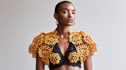 A stunning woman in a yellow crochet top and gold earrings poses in the studio.