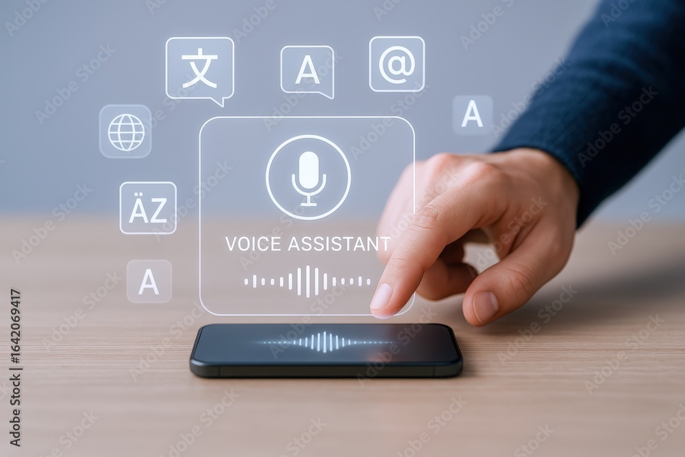 Poster voice assistant application on smartphone with person's finger pointing for activating ai technology