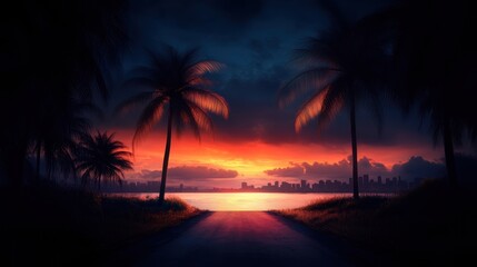 Obraz premium A breathtaking sunset scene over a calm waterway, framed by palm trees and a silhouetted city skyline, Ideal for travel promotions, nature articles, or serene artwork,