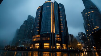 Obraz premium A modern skyscraper illuminated against a foggy skyline, this image showcases urban architecture, ideal for business websites, real estate marketing, or city-themed projects,