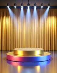 Empty stage podiums golden drapes