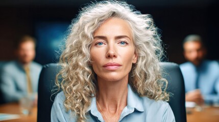 A determined senior businesswoman with gray curly hair looking straight at the camera in an office setting.