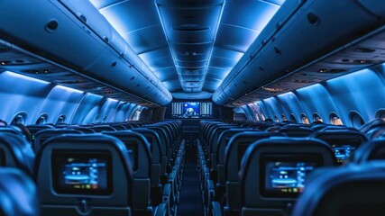 The interior of an empty commercial airplane cabin during a night flight with blue lighting and modern passenger seating. No passengers are present.