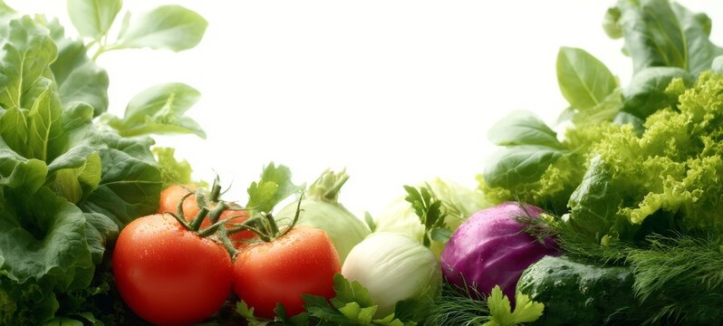 Fresh colorful vegetables and greens arranged on white background - Powered by Adobe