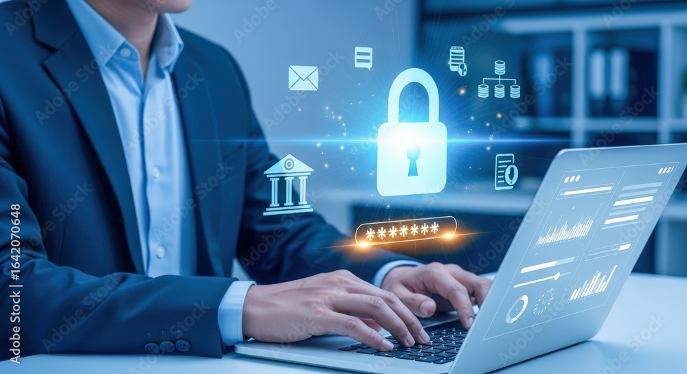 Poster cybersecurity professional securing data with encryption and authentication on laptop for online saf