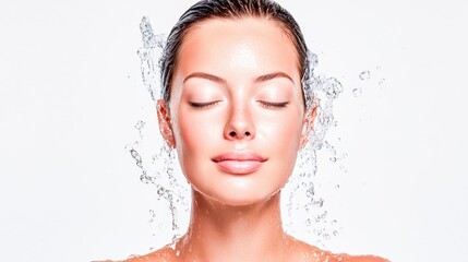 Naklejka premium A serene woman enjoys a refreshing splash of water, highlighting skin health.