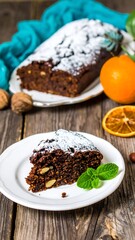 Chocolate cake slice with almonds