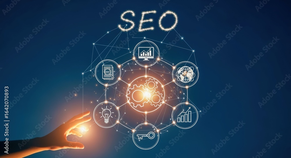 Poster digital seo strategy: hand pointing at network of icons representing search engine optimization tech