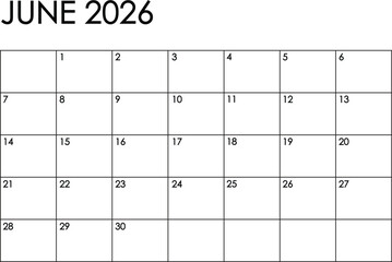 June 2026 month calendar - Sunday to Saturday format. Simple black and white design