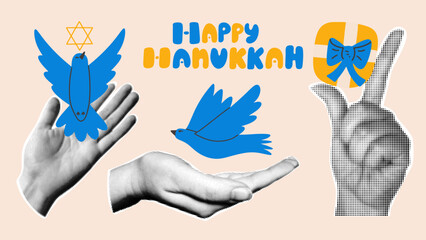 Retro collage of Hanukkah with traditional symbols of the holiday.