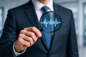 Businessman Holding Magnifying Glass Examining a Pulse Trace, Symbolizing Data Analysis, Investigation, and Strategic Business Insights