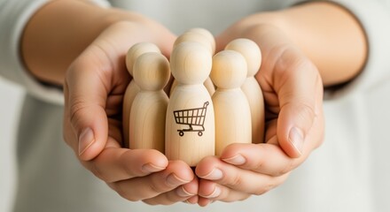 Customer Centric Shopping Experience: Hands Holding Wooden Figures with Cart, Symbolizing Online Consumerism and Personal Service