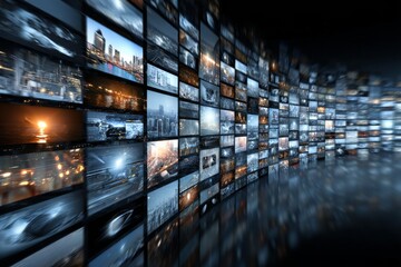 Cable network communication. Set of networked connected monitors showing world news and viral information about economy