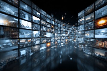 Cable network communication. Set of networked connected monitors showing world news and viral information about economy