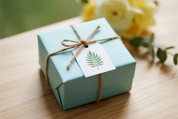 A small gift box wrapped with rope and tied with a leaf tag