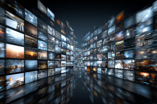 Cable network communication. Set of networked connected monitors showing world news and viral information about economy