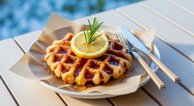 Delicious waffle with lemon and honey served on a rustic wooden table, capturing food photography